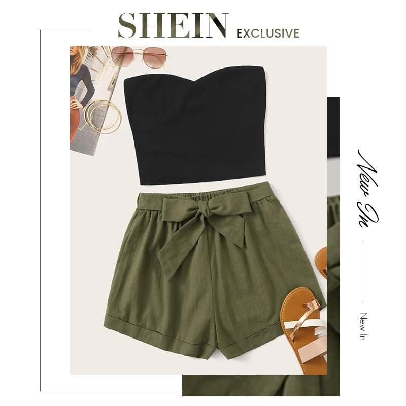 SHEIN плюс размер, однотонный топ-труба и шорты с поясом, летний комплект без бретелек без рукавов, прямой Женский Повседневный комплект из двух предметов