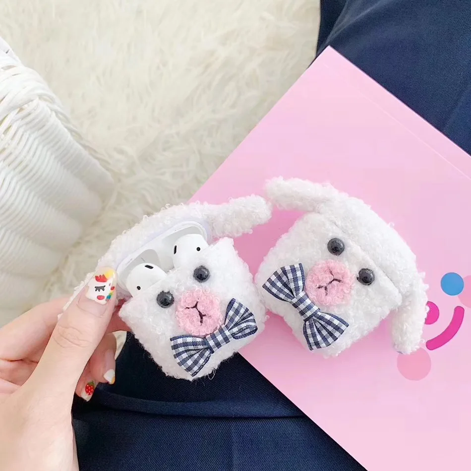 3D милый чехол для наушников Airpods, чехол с рисунком из мультфильма, вязаный плюшевый чехол для Apple Airpods, 2 чехла, аксессуары для наушников с плюшевой собачкой и кроликом