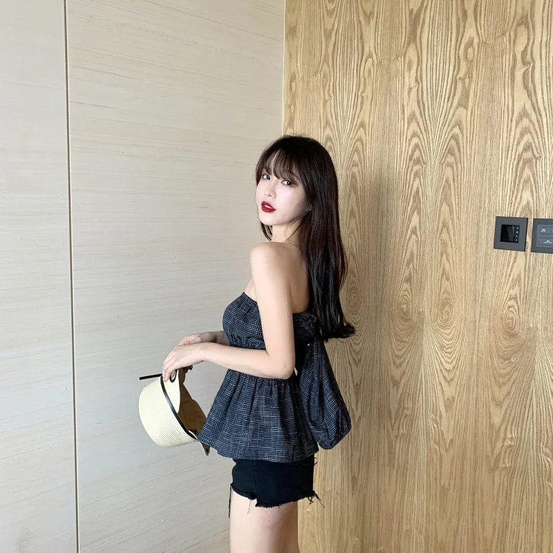 Moda feminina/женская одежда, футболки, сексуальный стиль, весна-осень, с открытыми плечами, на талии, женские топы, клетчатые, с вырезом, с пышными рукавами, Новинка