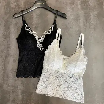 

New 2020 summer wear outside pearl beaded lace hollow out lace sponge condole belt vest wipes bosom