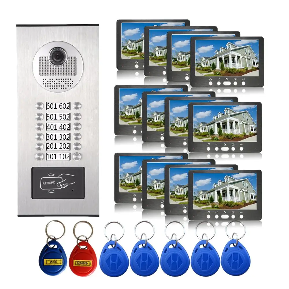 

Wired 7" RFID Video Doorbell Intercom System 12 / 10/ 4 / 6 / 8 Monitors Screen with Outdoor Camera for Multi Apartments