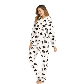 

Fleece Autumn Winter Pajama Set Overalls Flannel Pajamas Woman Dog Paw Printing Sleepwear