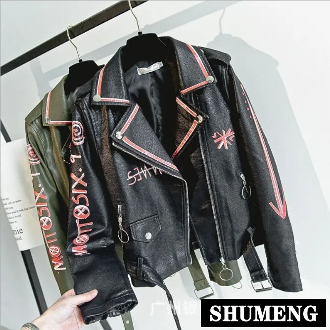 

New Spring and Autumn Leather Jacket Women New Korean Short Coats Handsome Letters Printing Motorcycle Pu Leather Jackets