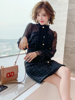 

Temperament lace stand-up collar butterfly lace stitching tweed tube top dress female 2020 autumn new