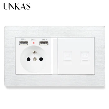 

UNKAS Aluminum Metal Panel French Standard Socket with 2 USB Charge Port + RJ45 Internet Jack and RJ11 Telephone Connector