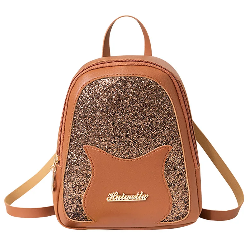 Дамский рюкзак с блестками, милые маленькие сумки на плечо для женщин из искусственной кожи, однотонный повседневный рюкзак для девочек-подростков, Детский рюкзак, женская школьная сумка - Цвет: Коричневый