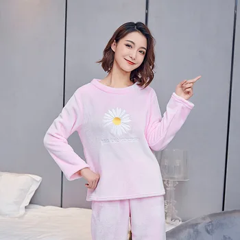 

Women Comfortable Flannel Pajama Set Girl Daisy Embroidery Long Sleeve Sleepwear Set Women Nightshirt Sets Long Pants