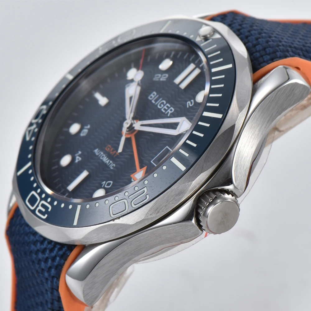 Мужские спортивные часы BLIGER 41 мм с синим циферблатом GMT ободком светящимся