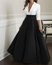 

Modern Black/White Arabic Evening Dress V Neck Floor Length Half Sleeve Satin Prom Party Gown Vestidos Fiesta Robe De Soiree