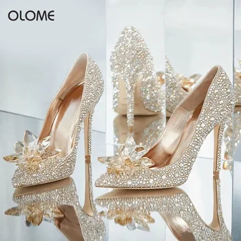 

2020 new Cinderella crystal shoes, pointed stiletto heels, 5-9 cm rhinestone ankle shoes, wedding shoes for banquet parties