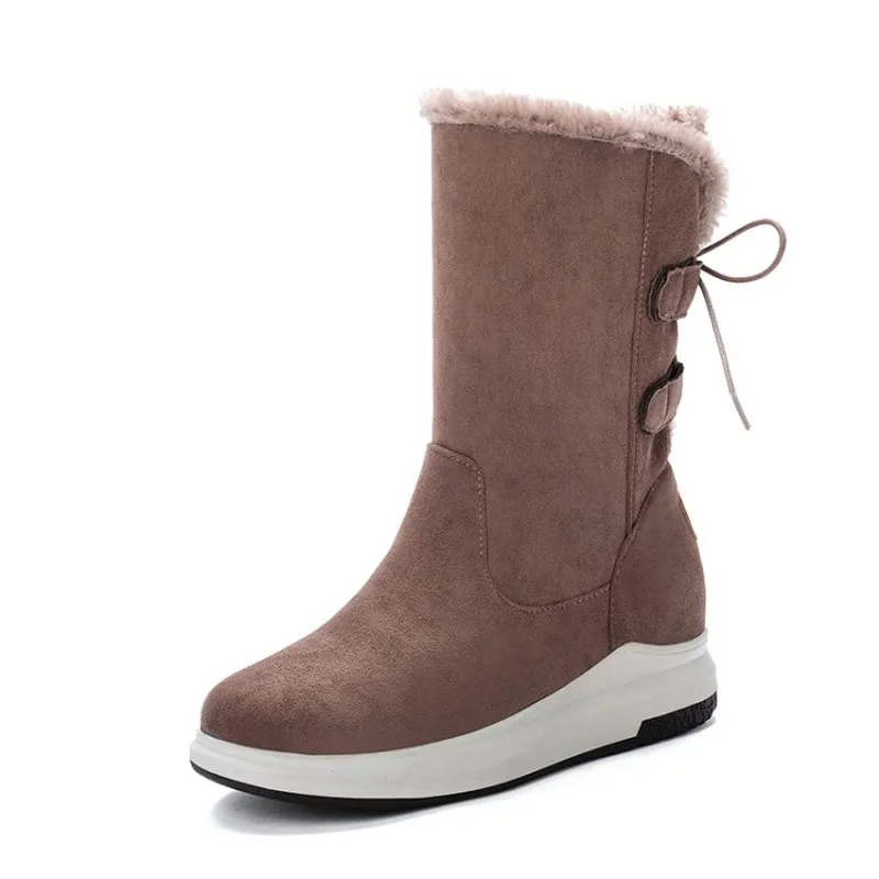 

KALENMOS Women Snow Boots Thick Sole Black Suede Mid Calf Boots Girls Flat Platform Winter Boots with Fur for Women Size 34-43