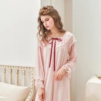 

Womens Beautiful Nightdress Long Sleeve Ribbons Palace Sweet Dressing Gowm Princess Modal Feminine Vintage Nightgown Sleepwear