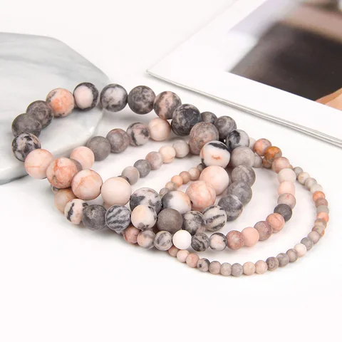 Frosted Pink Zebra Jaspers Stone Bracelets Handmade Matte Stone Beads Bracelet Women Men Yoga Meditation Jewelry Gifts