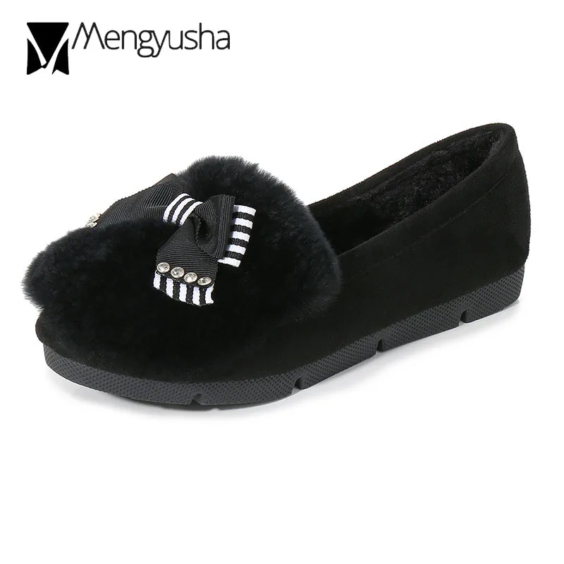 Mocasines mujer/меховые зимние ботинки на платформе в полоску с бантом плюшевые мокасины на плоской подошве с кроличьим мехом, большие размеры 34-43, обувь с бантом со стразами, C98
