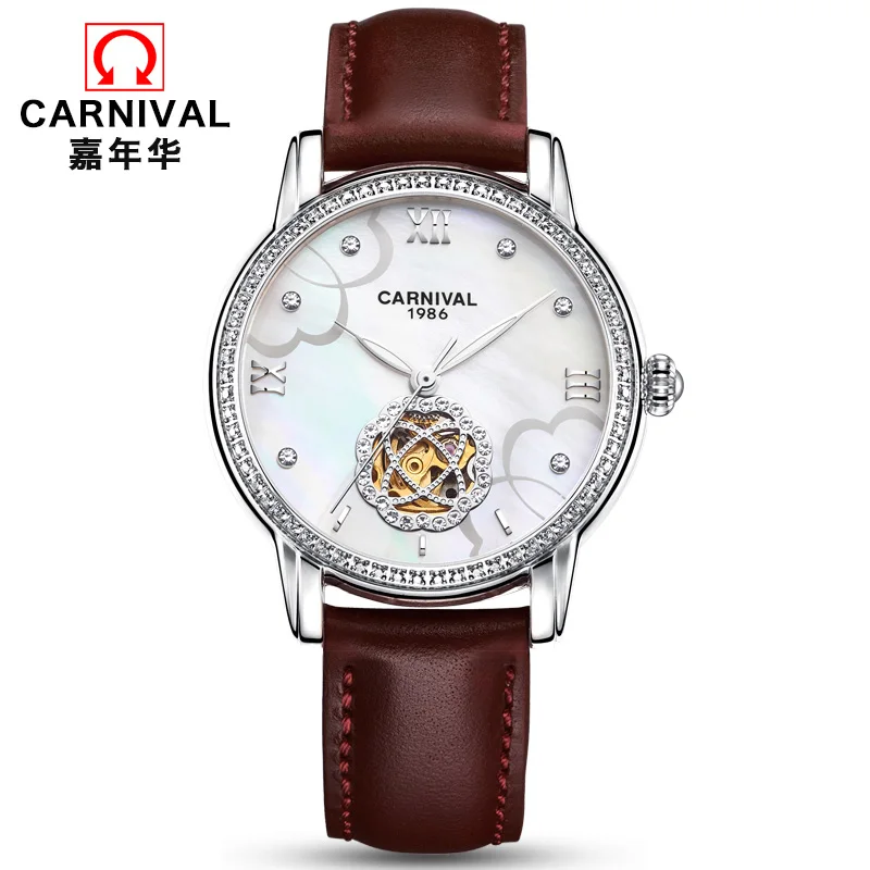E Карнавальная Мода женские Tourbillon механические часы люксовый бренд кожаный ремешок светящиеся водонепроницаемые женские часы Автоматические - Цвет: E