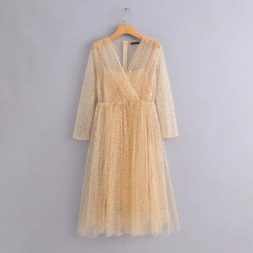 

Spring And Summer Sequin V-neck Lace Dress WOMEN'S Suit over-the-Knee Mid-length Clairvoyant Outfit Strapped Dress Two-Piece Set