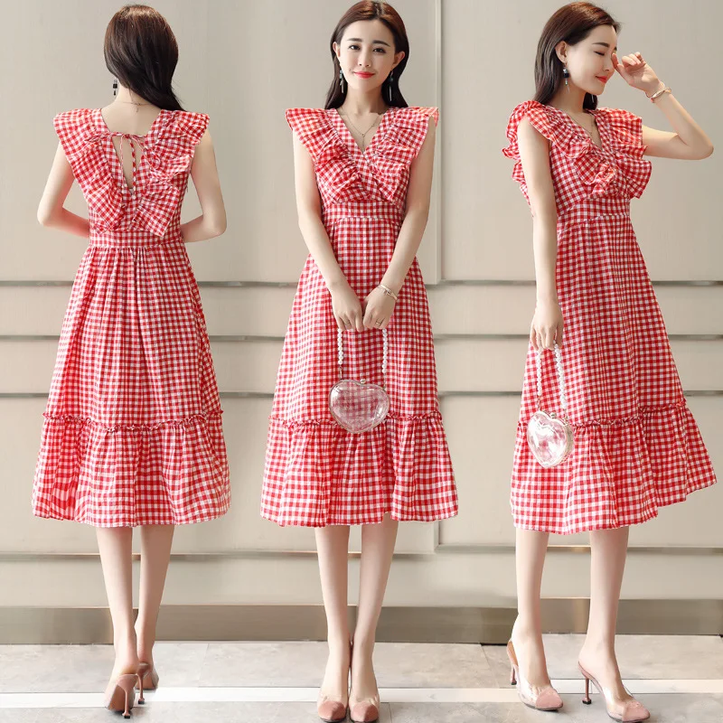 

2019 Summer Korean-style Slim Fit Slimming Flounced V-neck Plaid Dress Waist Hugging Lace-up Backless Medium-length Skirt
