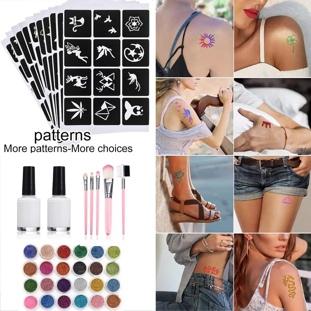 24Pcs Color 125 Templates Temporary Tattoo Set Flash Diamond Glitter Flash Powder Set For Kids Face Body Painting Art Tools Suit 24Pcs Color 125 Templates Temporary Tattoo Set Flash Diamond Glitter Flash Powder Set For Kids Face Body Painting Art Tools Suit