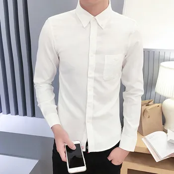 

M-4XL 2019 Men's Dress Business Casual Autumn New Long Sleeve Button Lapel Solid Color Shirt