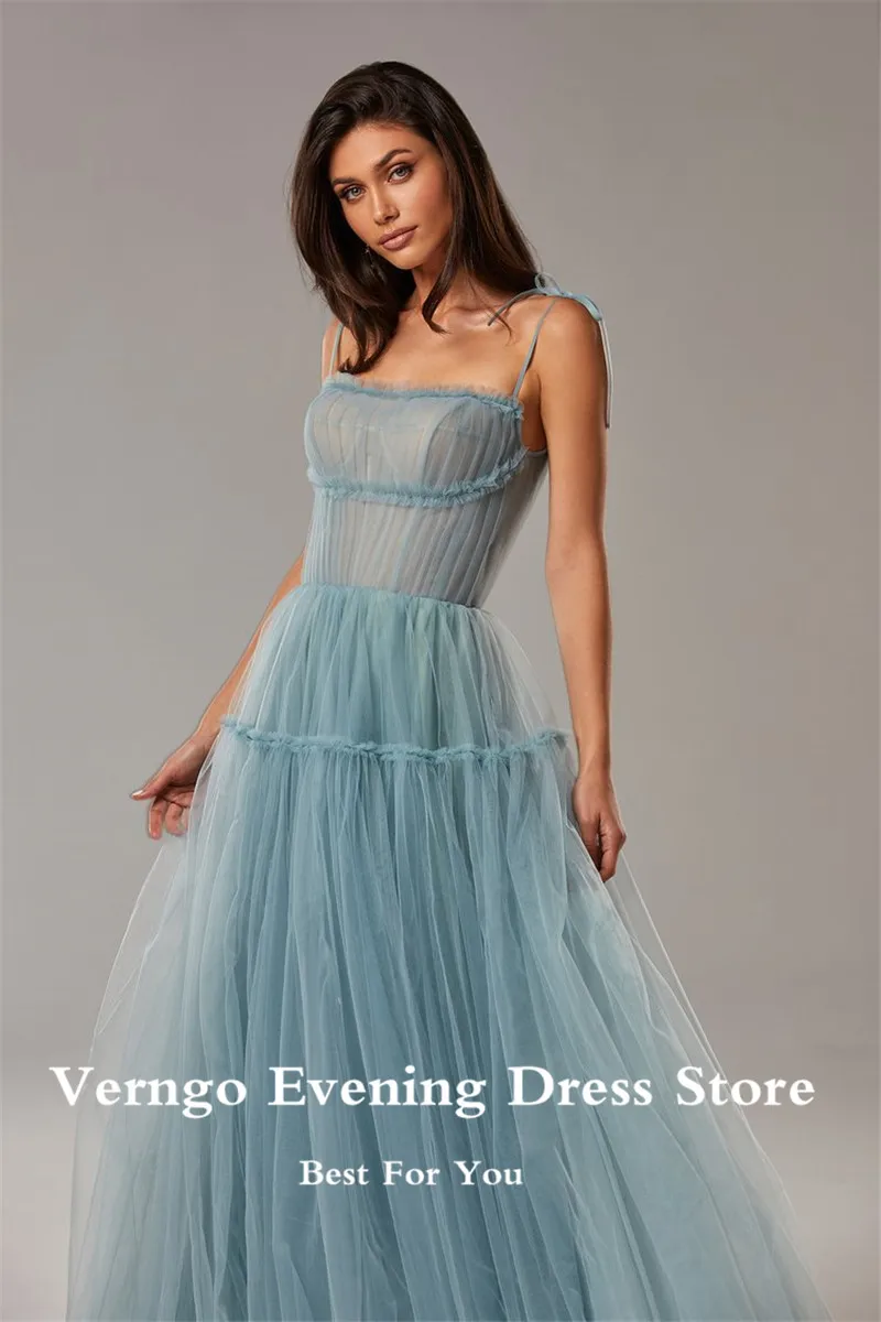 Verngo Simple A Line Dusty Blue Tulle Long Prom Dresses Spaghetti Straps Strapless Pleats Floor Length Evening Gowns
