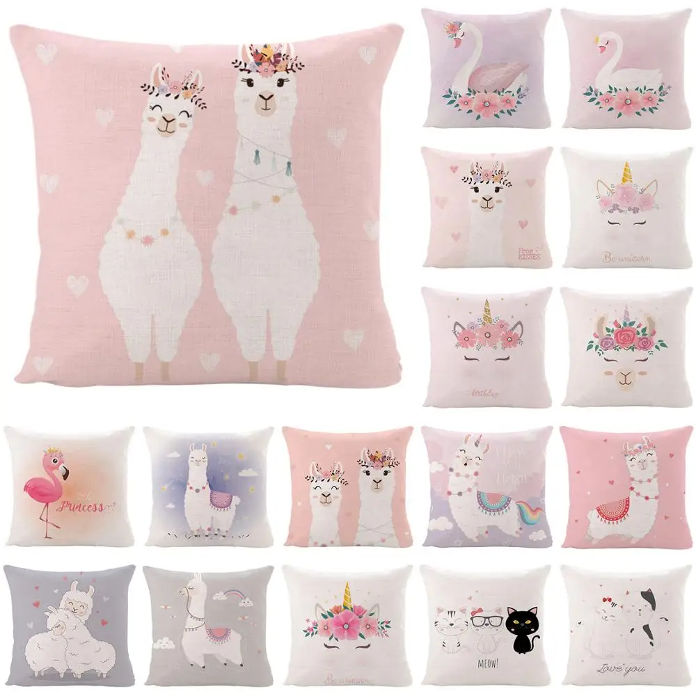 

ZEIMON Custom Square Pillow Cover Alpaca Flamingo Pattern Cotton Linen Pillow Case 45cm Cushion Cover Home Decorative Pillowcase