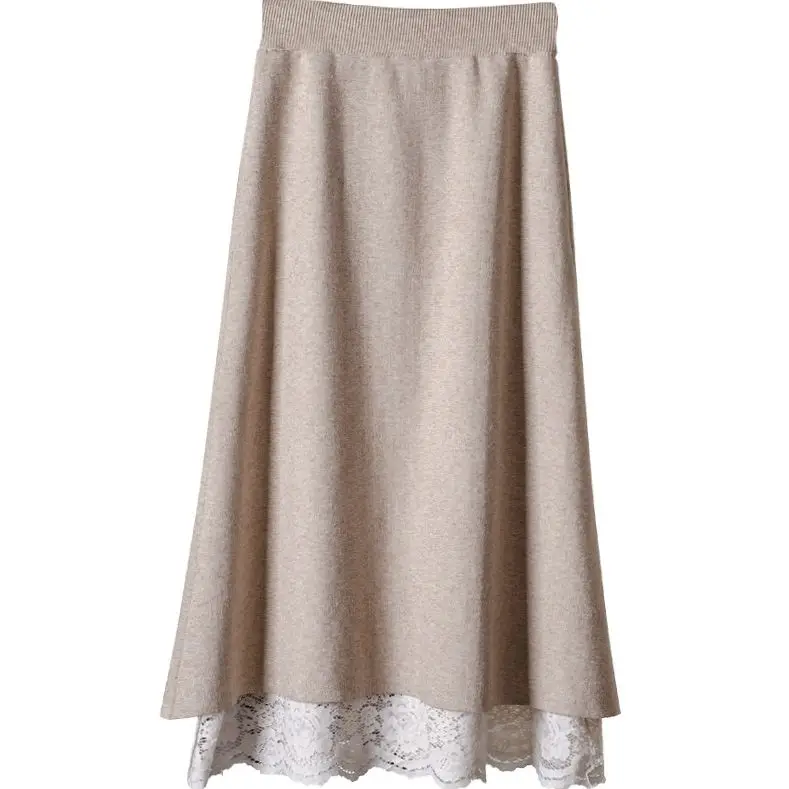 Двусторонняя одежда с высокой талией Hong Kong Ароматизированная шикарная кружевная трикотажная юбка Женская длинная секция Ретро тонкая юбка для похудения - Цвет: Бежевый