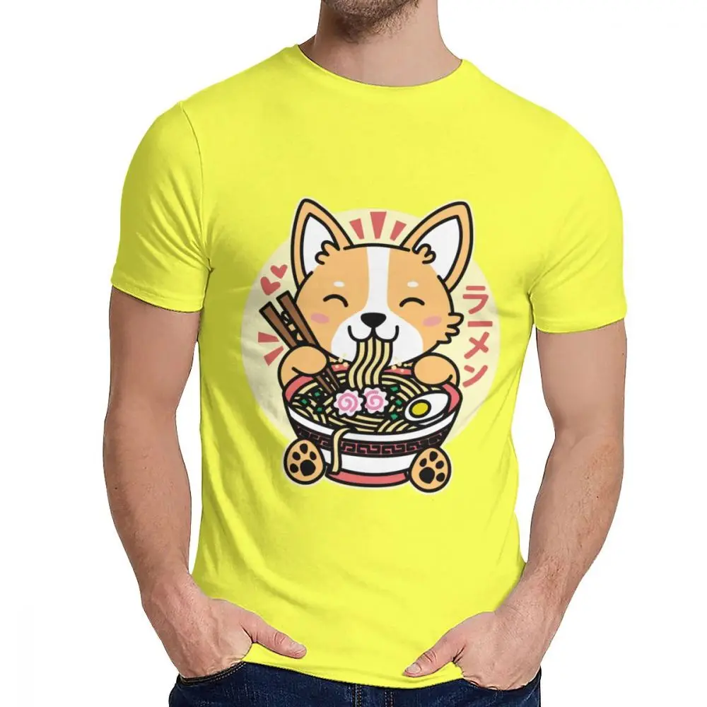 Для мужчин футболка корги едят рамен милый Kawaii лапша Хлопок Уличная Мужская o-образным вырезом Harajuku уличный с короткими рукавами - Цвет: Цвет: желтый