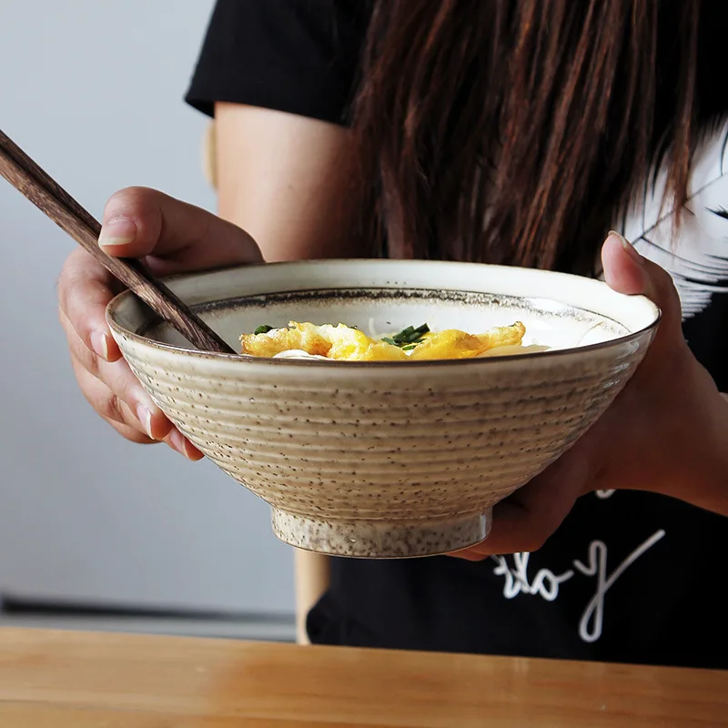 

Japanese Hatari Lamian Noodles Bowl Large Food Bowl Non-slip Thread Design Ceramic Soup Bowl Home Noodle Restaurant