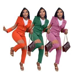 Sexy malha elegante splicing calças terno feminino manga longa blazer pant conjunto senhora escritório v nevk feminino sweatsuit outfits plus size
