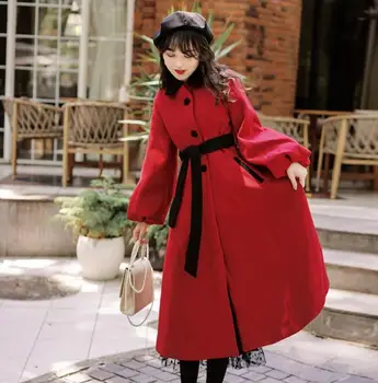 

Vintage Elegant Long Blend Woolen Coat 2019 Winter Women Red Thick Overcoat Jacket Female Slim Fit Coats