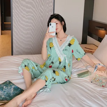 

2020 Cotton Women Pajamas Pineapple Printed Pajamas Set Japanese Korean V-neck Short Sleeve Sleepwear Girls Cute Home Clothes