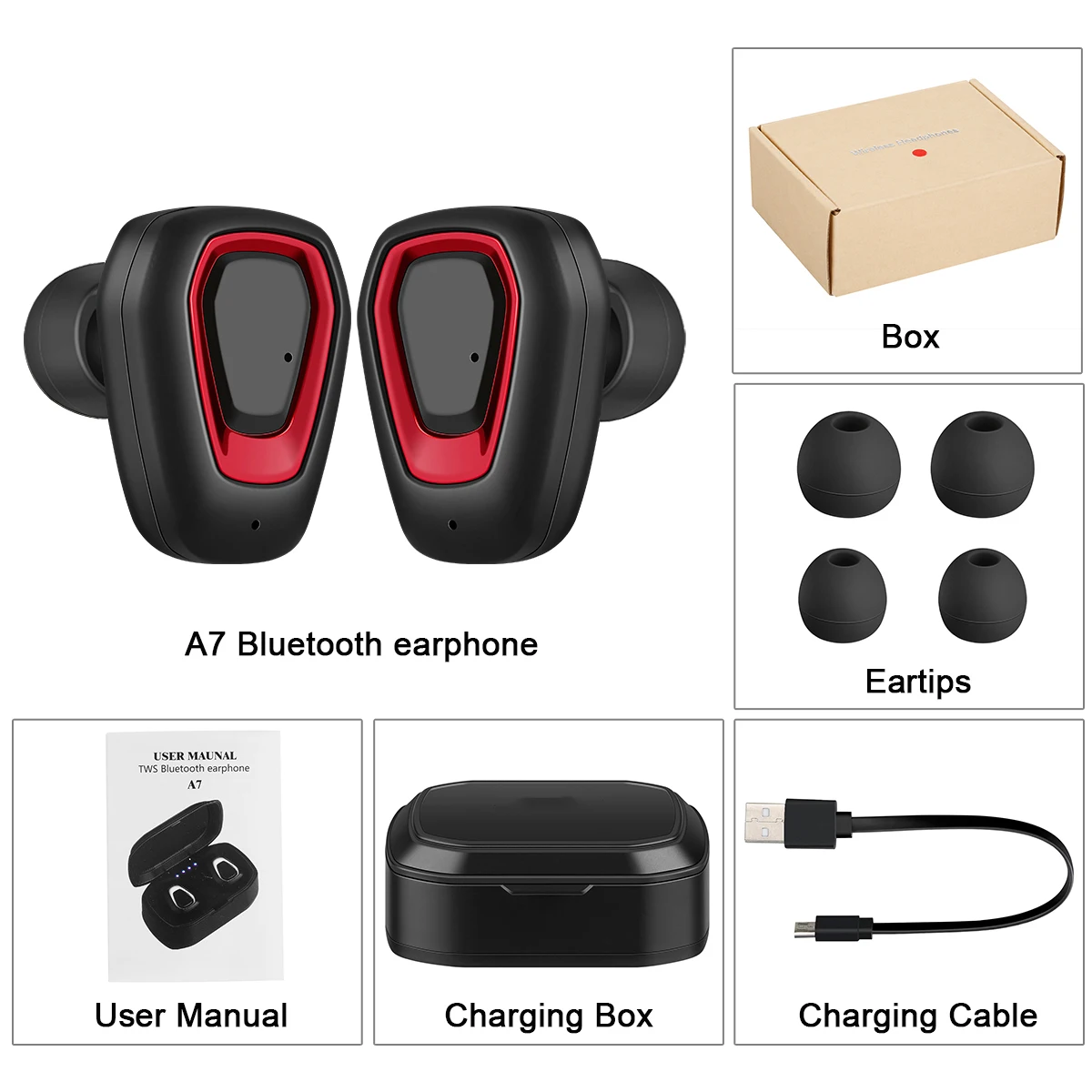 A7 TWS Bluetooth 5,0 гарнитура беспроводная гарнитура с зарядным устройством стерео Спортивная гарнитура шумоподавление для Apple samsung Xiaomi - Цвет: Красный