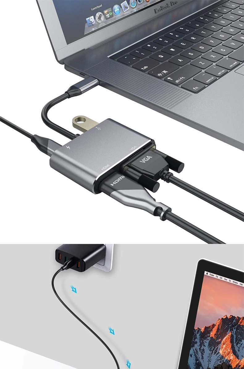 Type-c-VGA type C HDMI USB 4 в 1 концентратор USB 3,0 Superspeed 5 Гбит/с HDMI 4K UHD VAG 1080P UHD концентратор USB C 87 Вт PD зарядный концентратор