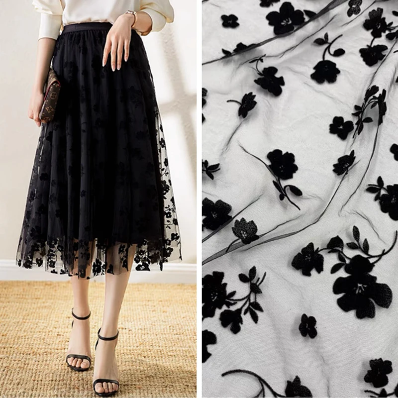 150cm Wide Rose Flower Flocked Net Gauze Fabric Soft Children's Tulle Skirt High Quality Bridal Dress Wedding Decor Mesh | Дом и сад