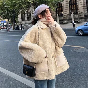 

2019 Beige And Khaki Pocket Women Coat Autumn Winter Fluff Long Sleeve Female Jacket