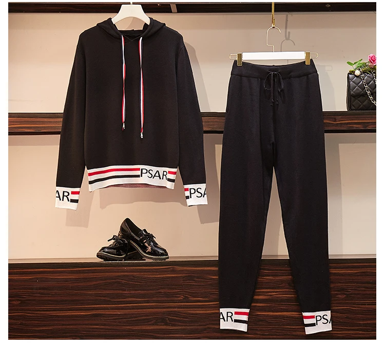 ALPHALMODA Autumn Winter New Hooded Long-sleeved Sweater+ Pants Women 2pcs Casual Tracksuits Striped Letter Pattern Set