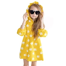Желтые толстовки хлопковые платья с длинными рукавами для девочек, детская одежда детские платья для девочек с принтом кролика, одежда для детей возрастом от 2 до 9 лет