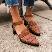 

Women Buckle Weave Hollow Out Sandals Female Square Med Heels Pointed Toe Shoes Ladies Office Summer Footwear Plus Size