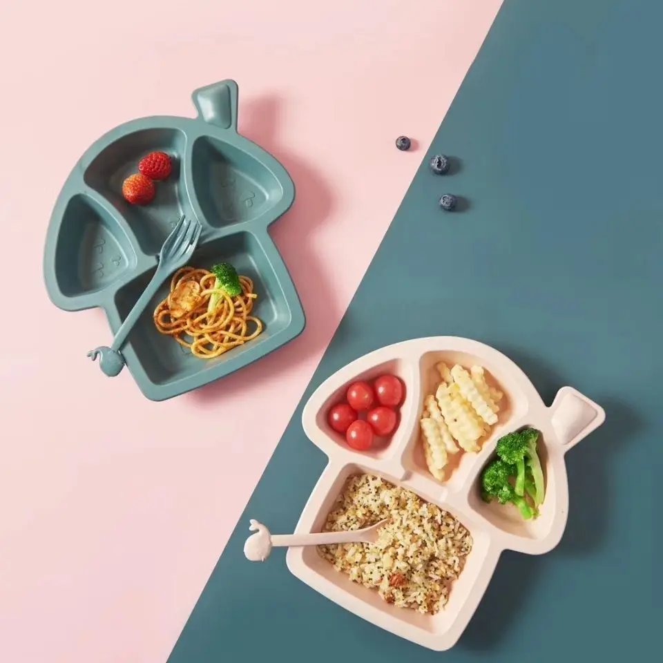 

6Pcs/ Set Plate Kids Feeding Dishes Baby Cartoon Dinosaur Tableware Children's Dinnerware Set Home Anti-hot Wheat Straw Training