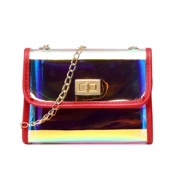 

2020 New Fashion Women Transparent Bag Summer Laser Square Sling Bag Stylish Girls Single Shoulder Messenger Chain Bag