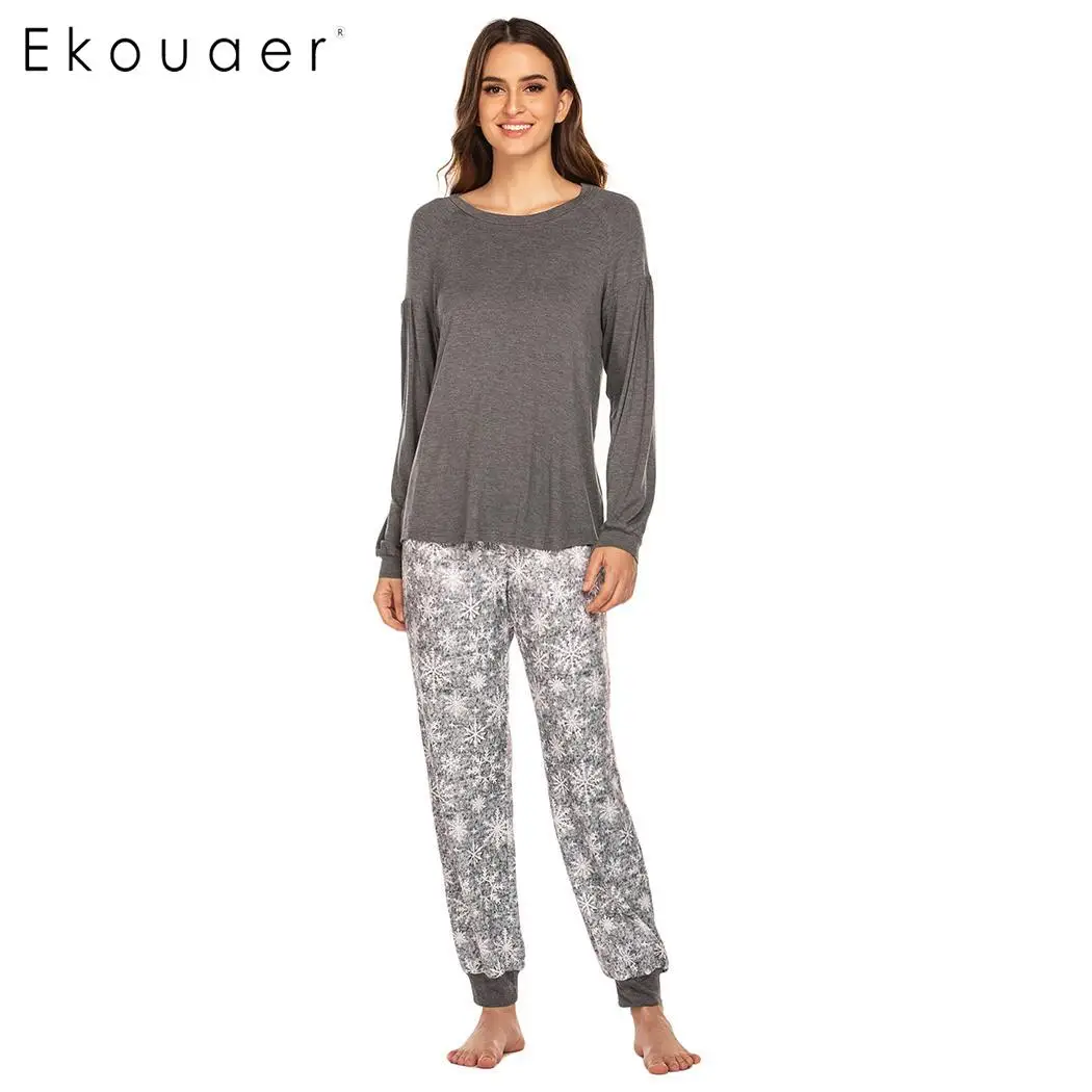 Ekouaer/женская ночная рубашка, одежда для сна, Пижамный костюм, топы с круглым вырезом и короткими рукавами, длинные штаны, однотонная Пижама, комплект одежды для сна