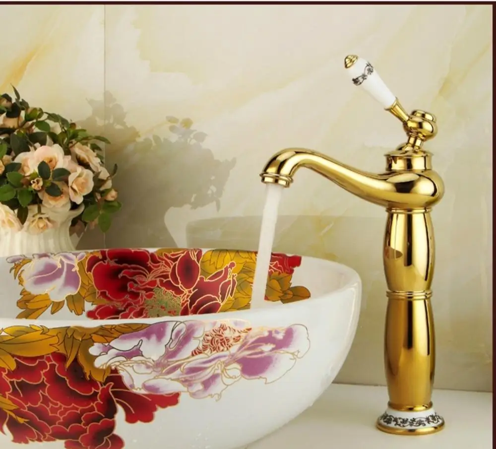 Basin Faucet Brass Gold Bathroom Sink Faucet Single Handle Ceramics Bath basin Deck Hot Cold Mixer Water Tap Crane