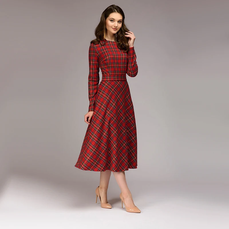 Женское винтажное красное клетчатое платье с поясом, элегантное ТРАПЕЦИЕВИДНОЕ ПЛАТЬЕ с длинным рукавом и круглым вырезом, Осень-зима, вечерние платья с галстуком-бабочкой