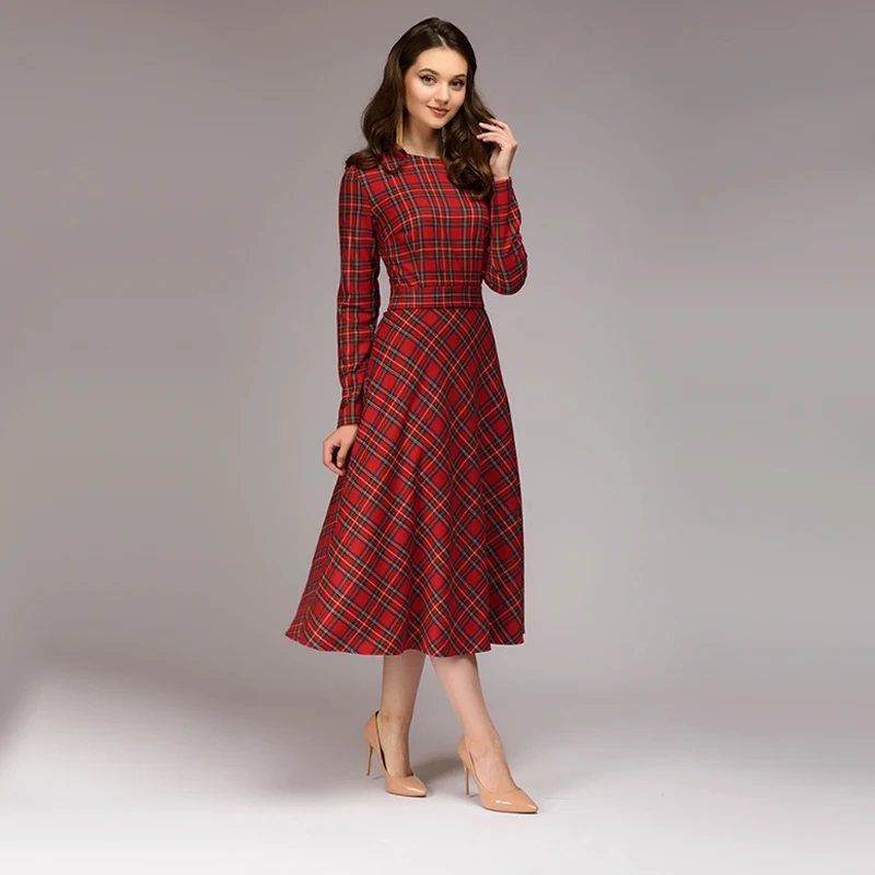 Comprar Mujeres Vintage Sashes rojo Plaid Vestido de manga larga cuello redondo elegante una línea vestido 2019 Otoño Invierno pajarita vestido de fiesta
