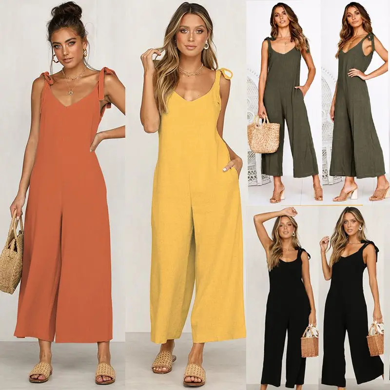 

Summer Women Loose Linen Cotton Jumpsuit Strap Solid Color Irregular Sling Romper Sleeveless Backless Playsuit Trousers Overalls