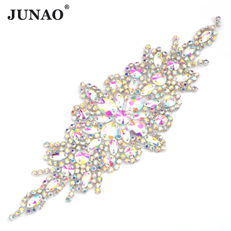 

JUNAO 90*240mm Crystal AB Flowers Patches Hotfix Rhinestones Thermo Stickers Appliques Iron On Fabric Transfers For Clothing