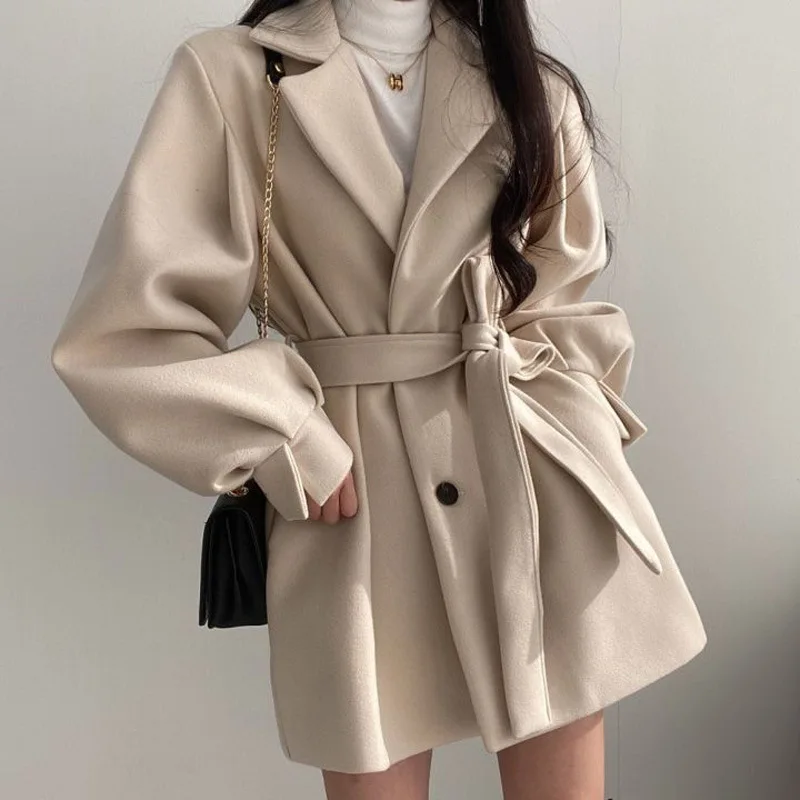 Autumn Winter Fashion Wool Coat Women's Loose Shirt 2021 New Lapel Waist Coat Casual Lantern Sleeve Pure Color Female Jacket men s thickened top 100% wool pure color sweater high lapel jacquard loose pullover large size business casual knitting underlay