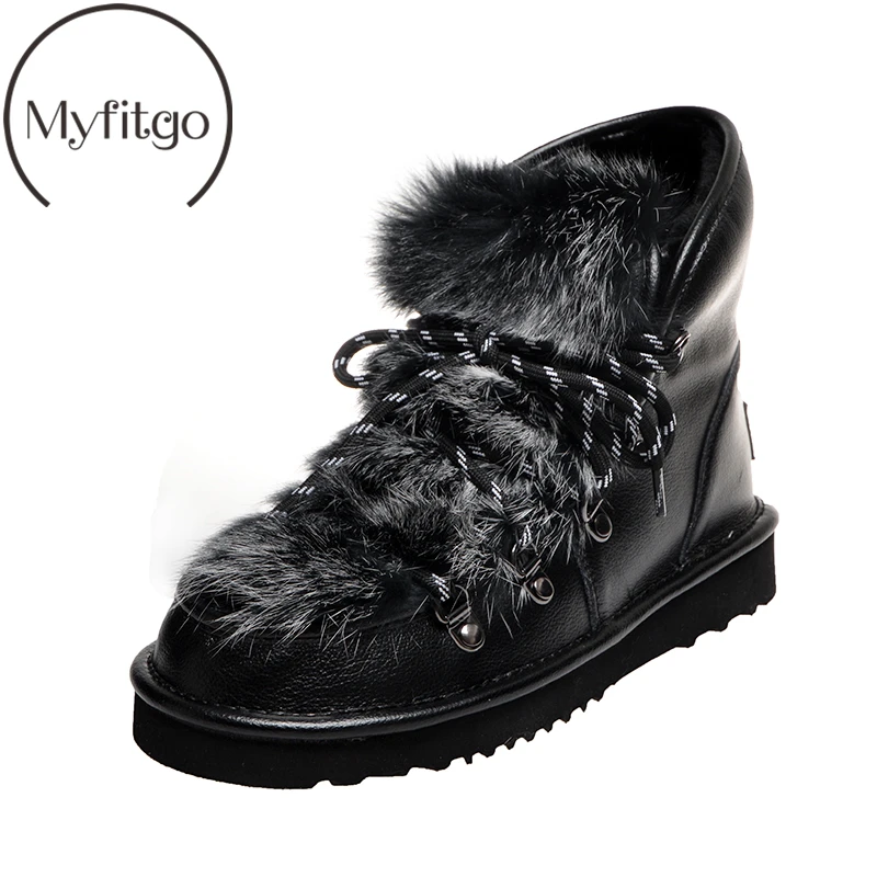 

Myfitgo Winter Snow Boots Women's Ankle Boots Real Rabbit Fur Boots Warm Lace up Flat Shoes Large Size Black Gray Ladies Boots