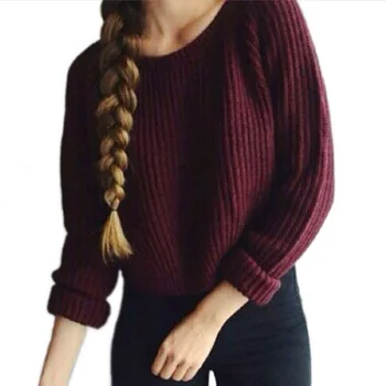 

Lady Autumn Winter Pullover Sweaters Fashion Solid Knitted Sweater O-Neck Long Sleeve Hem Slit Sweaters