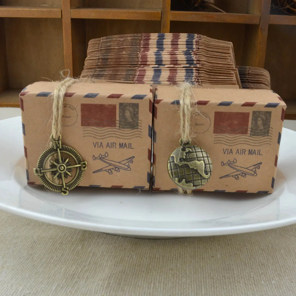 

10sets Vintage Stamp AirMail Design Candy Box With Compass/Mini Globe Kraft Gift Box Gifts Bags Wedding Party Birthday Supplies